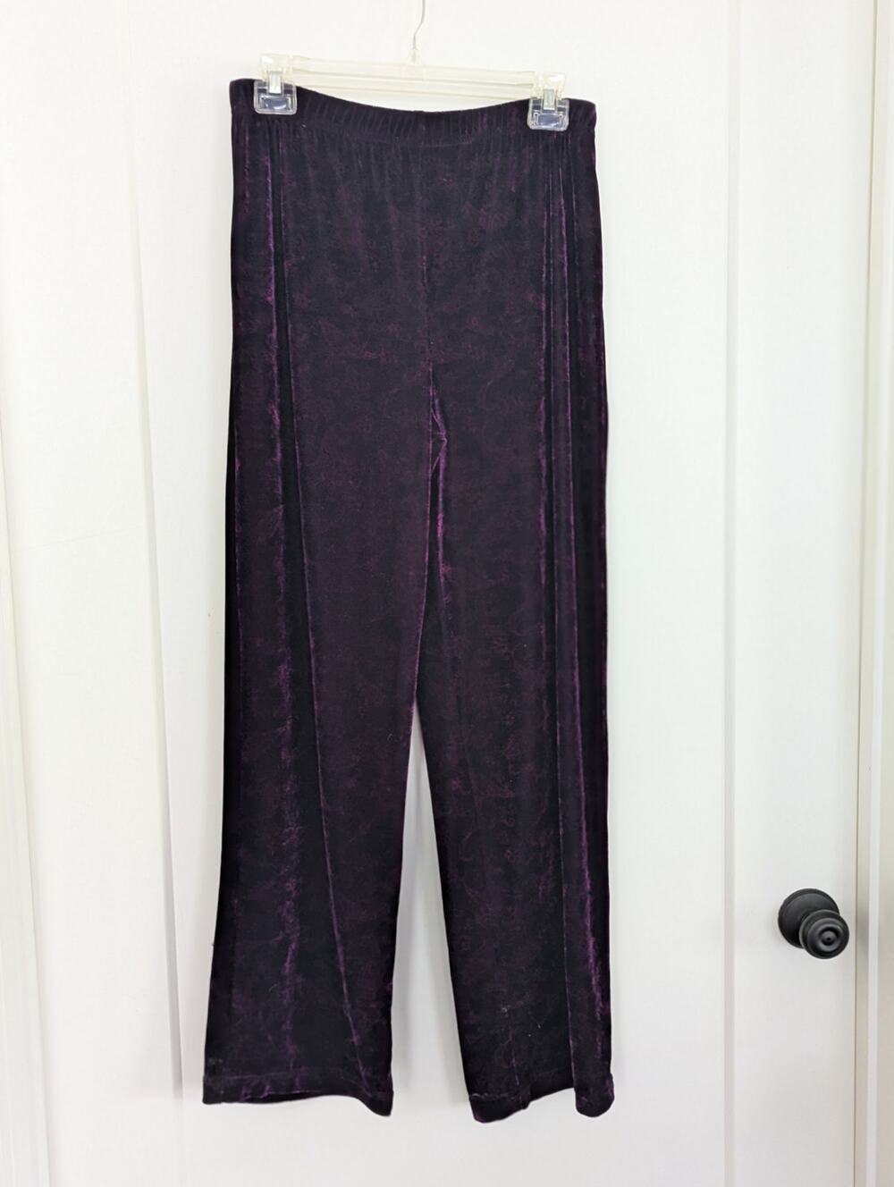 Coldwater Creek Velvet Paisley Pants Small Purple Stretch Pull On Straight Leg